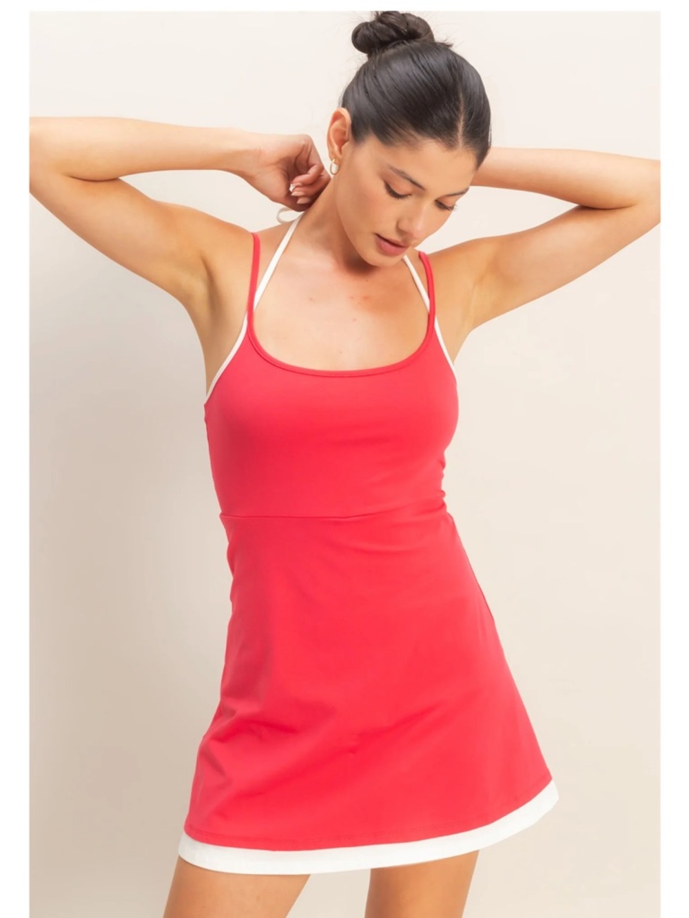 NEW HYFVE Tomato Red Halter Mini Dress Built In Shorts Cotton Stretch Small